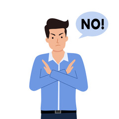 Young man cartoon character wave hand making no sign or stop sign, business concept in saying no, stop, or disagreement. . Flat vector illustration isolated on white background