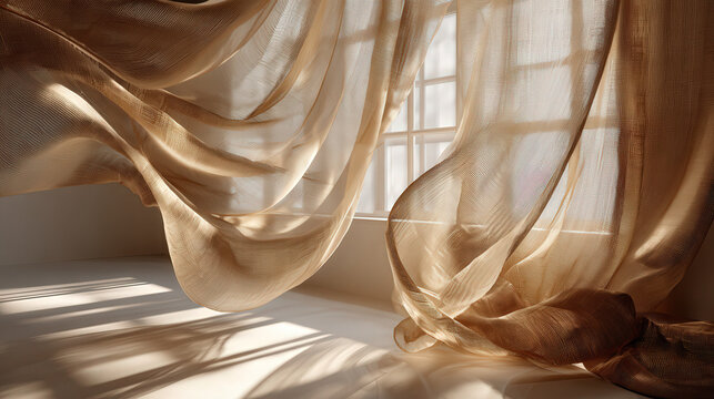 Golden sheer curtains blown by the wind, casting soft shadows on the floor beside a window.