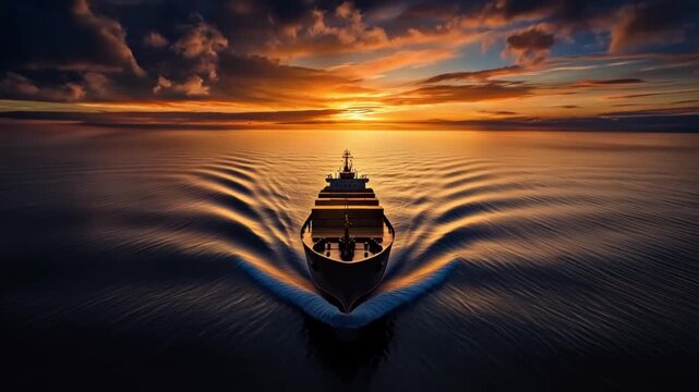 Cargo ship shipment at sunset shows export import tax logistic transportation on calm sea avoiding conflict affecting industry