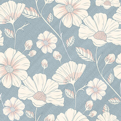 Seamless vintage floral pattern with cream flowers on soft blue background. Ideal for fabric, wallpaper, and elegant packaging.