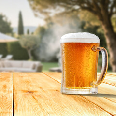 Glass of beer on wooden garden table – backyard relaxation at home. In the blurred background, a lush green garden and barbecue grill and patio area with outdoor furniture behind a house.