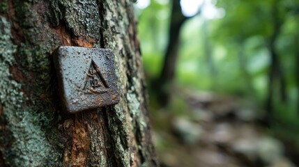 Fototapeta premium Hiking trail marker on tree trunk in forest