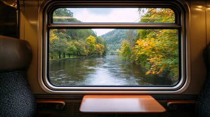 Scenic Journey: A tranquil view from a train window captures a mesmerizing riverside landscape with colorful trees and a flowing river, promising a delightful travel experience.