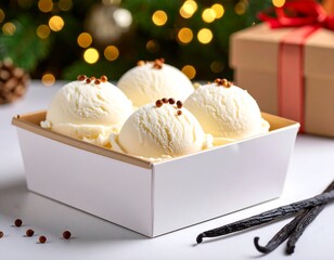 Creamy vanilla ice cream scoops in a white box, Christmas-themed background