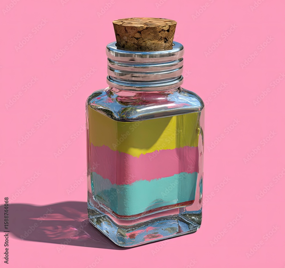 Poster artistic rendering of a colorful glass bottle with cork studio setting 3d visualization