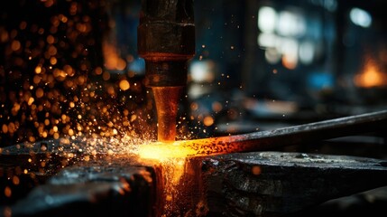 Forging Metal: An artisan uses a blowtorch to shape a piece of metal, generating a shower of sparks amidst the industrial backdrop. Capturing the power and precision of the craft.