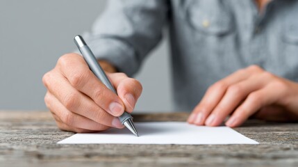 Hand holding a pen, writing on a blank sheet of paper resting on a wooden table, capturing a moment of focused note taking and creative expression in a study or office setting