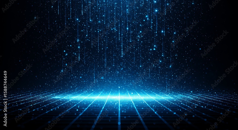 Poster abstract blue data stream falling above grid surface