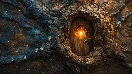 Enchanted Tree Hollow Doorway A Portal to a Mystical Realm with Sparkles and Textured Bark for Fairy Tales and Fantasy
