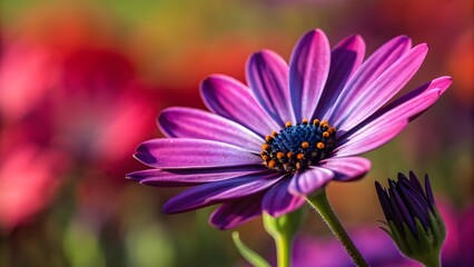 Fototapeta premium Close-Up of Vibrant Purple Daisy Flower in Bloom – Macro Photography with Colorful Bokeh Background