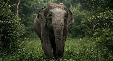 Fototapeta premium Elephant strides powerfully through dense green foliage, evoking a sense of awe and wilderness.
