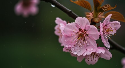Fototapeta premium Close-up of delicate pink cherry blossoms on a branch, adorned with water droplets, against a blurred green background.