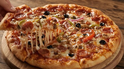 Supreme Pizza with Stretchy Cheese – Pepperoni, Sausage & Veggie Toppings on Golden Crust