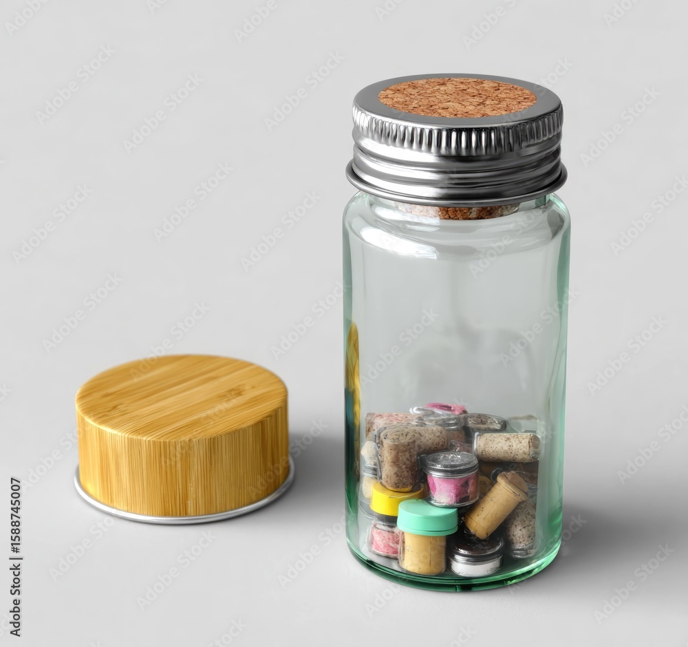 Poster artistic rendering of a glass bottle with silver cap studio 3d model minimalist close-up visual conc