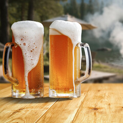 Glass of beer on wooden garden table – backyard relaxation at home. In the blurred background, a...