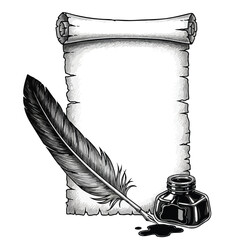 A hand drawing Vintage Quill Pen with Ink Bottle and Scroll Isolated on White Background 
