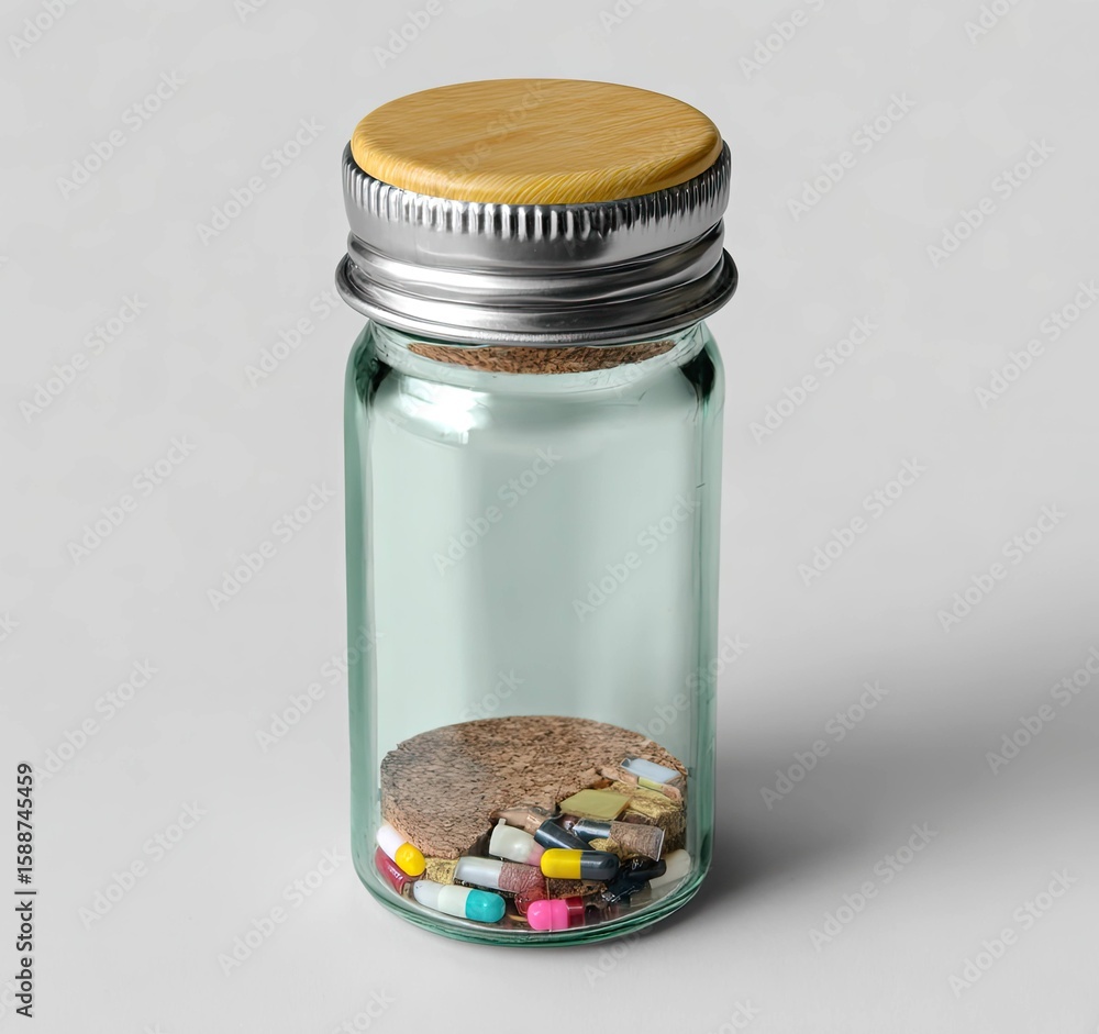 Poster artistic rendering of a unique glass bottle with silver cap minimalistic design studio setting