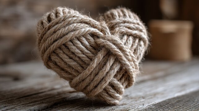 Love Knot: a heart meticulously crafted from sturdy rope rests gracefully on a weathered wooden surface. A visual ode to the enduring symbol of love and connection.