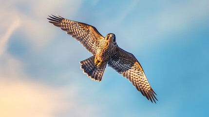 Obraz premium Eurasian hobby circling high above meadow, viewed from below