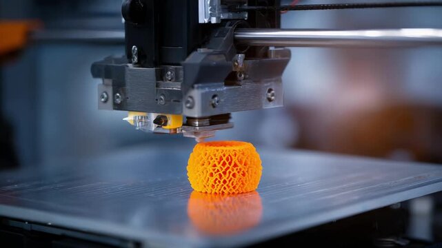 High precision 3D printer manufacturing glowing orange cylindrical object with textured surface pattern	
