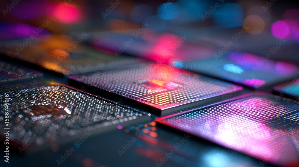 Poster interconnected microchips reflect vibrant hues highlighting technological advancement in futuristic 