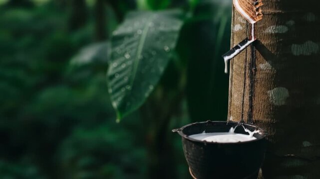 Rubber tapping process: Collecting latex from a rubber tree into a black bowl in a lush green plantation