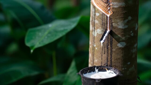 Rubber tapping process: Fresh latex dripping from a rubber tree into a collection cup in a lush green plantation
