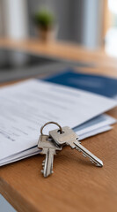Keys on the table with an open real estate contract, blue and white papers on top of the kitchen counter, depth of field, 