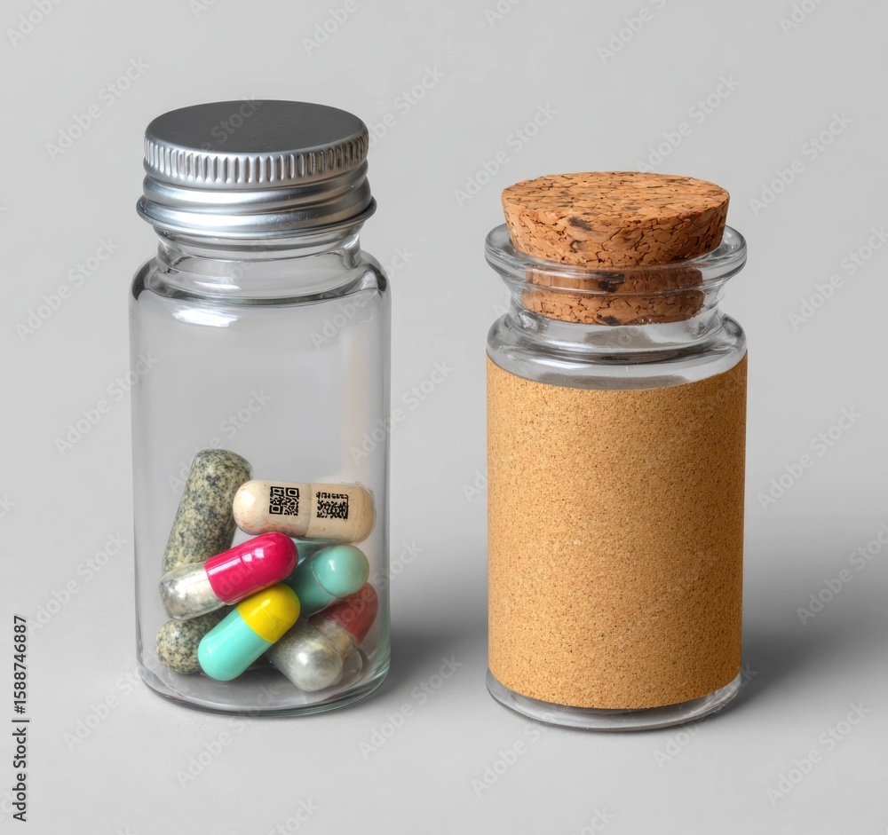 Poster rendering of a glass bottle with silver cap and capsules standard scale studio environment close-up 
