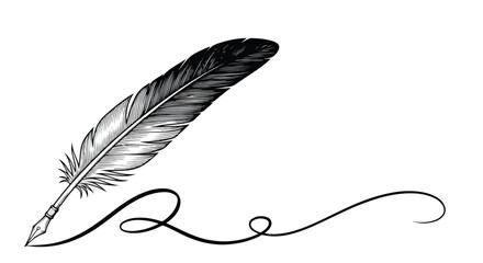 A black and white Feather Quill Pen with Ink Swirl Vector art 
