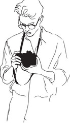 Minimalist and elegant one-line drawing of a photographer holding a camera, black-and-white only