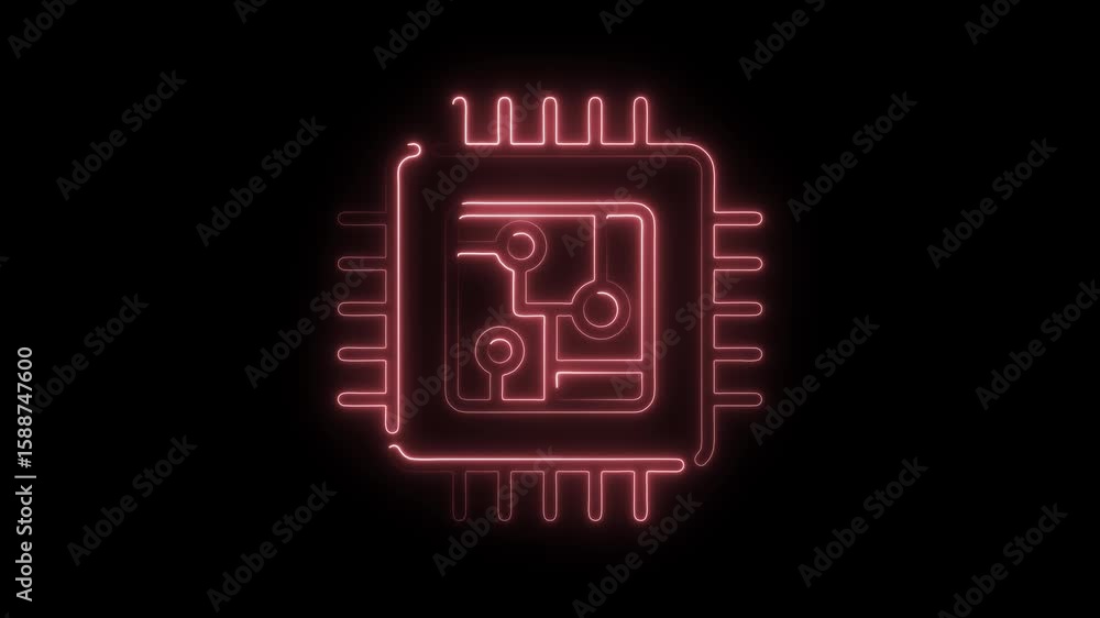 Poster glowing neon c p u chip circuitry animation futuristic tech concept digital processing data