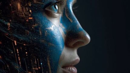 Surreal profile of a woman with technological skin pattern expressing a future digital connectivity and technology.