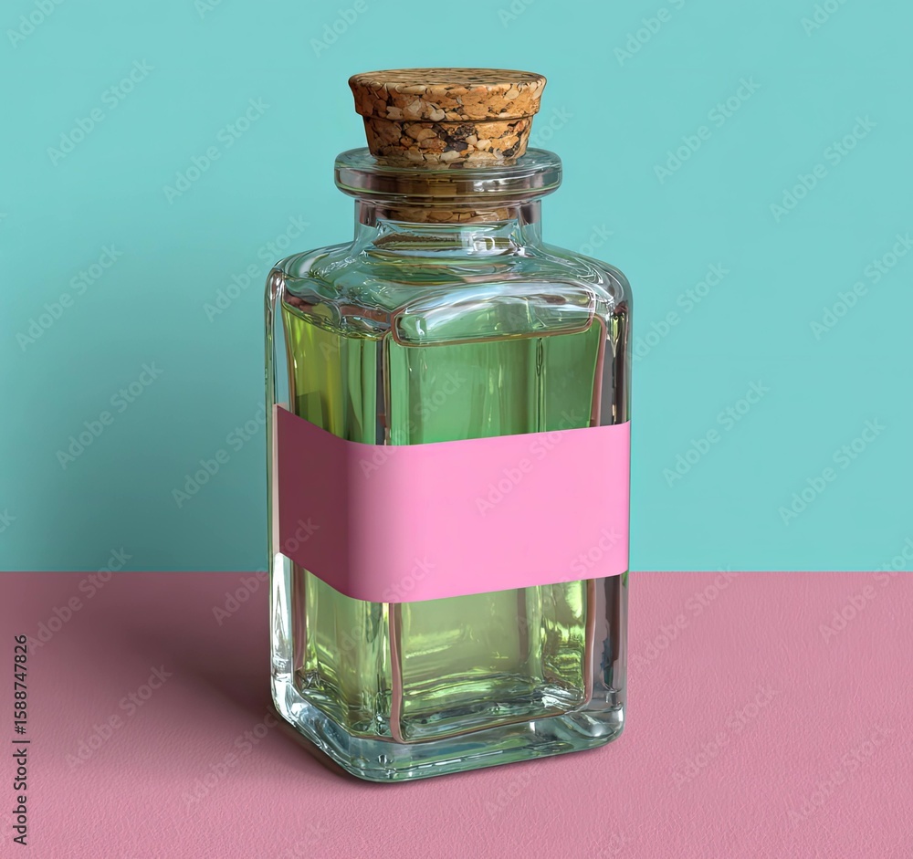 Poster minimalist digital art of a glass bottle with silver cap in studio setting - front view concept