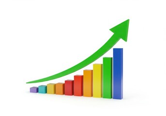 Colorful bar chart with upward trend arrow isolated on white background