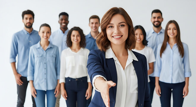 Diverse smiling people offering handshake business team image