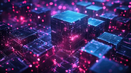 Distributed ledger technology visualized in stacked 3D blocks showing consensus mechanism, node validation, and decentralized transaction structure