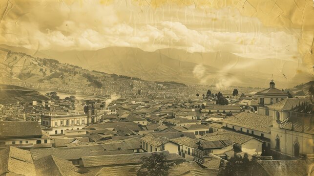 Historic cityscape of quito, ecuador on independence day celebration. Horizontal banner. Copy space. Vintage postcard from Quito - Powered by Adobe