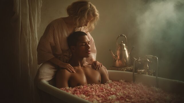 Intimate moment of relaxation in a serene bath filled with petals and warm steam