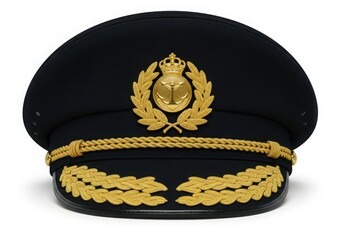 Elegant black captain s hat with gold anchor emblem and trim isolated on white background