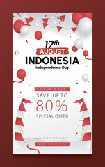 Minimalist 17 August Independence Day banner featuring red and white balloons, flags, and festive decorations. Perfect for story posts, banners, or patriotic event promotions