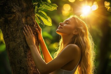 Serene Woman Embracing Tree in Lush Forest with Sunlight Glow