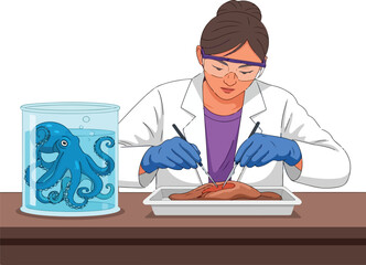 A Female Scientist Dissecting Specimen with Octopus in Laboratory Jar