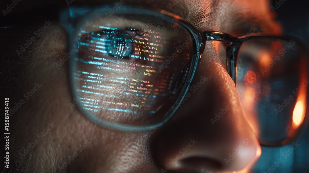 Poster programmer’s eyes reflecting complex lines of code through glasses in a dark room indicating intensi