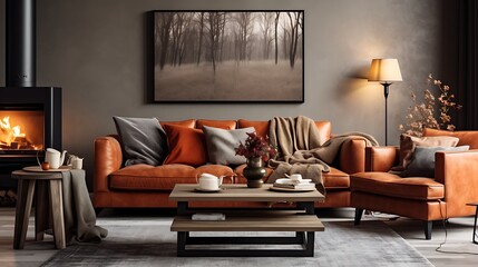 Warm and inviting space with a rust-colored sofa, soft gray walls, layered rugs, and wall sconces casting ambient light .