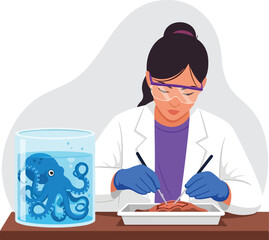 A Female Scientist Dissecting Specimen with Octopus in Laboratory Jar vector art 