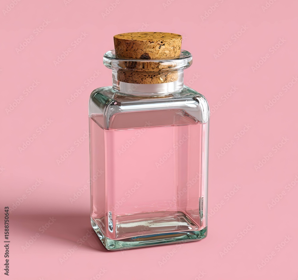 Poster artful rendering of a glass bottle with cork cap studio setting digital art soft pink background