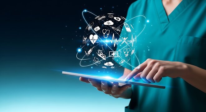Healthcare professional using tablet with glowing medical icons overlay, Modern medicine advancements through digital technology visualized in medical professional's hands
