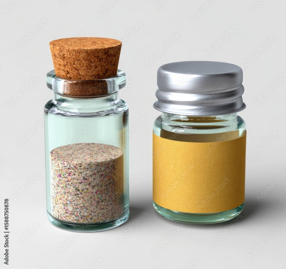 Poster rendering of glass bottles with cork and silver cap studio environment product visualization standar