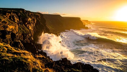 Dramatic coastal sunset with powerful waves crashing against cliffs